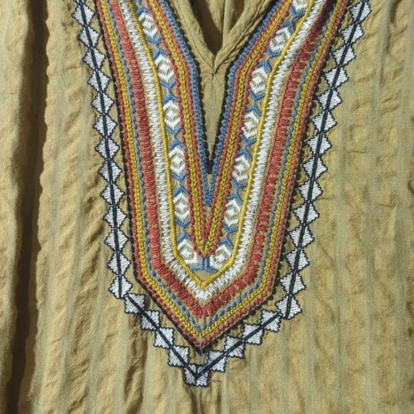 Rachel Zoe Gold Ruched Aztec Design Embroidered V Neck Top Women's Size L - Picture 2 of 9